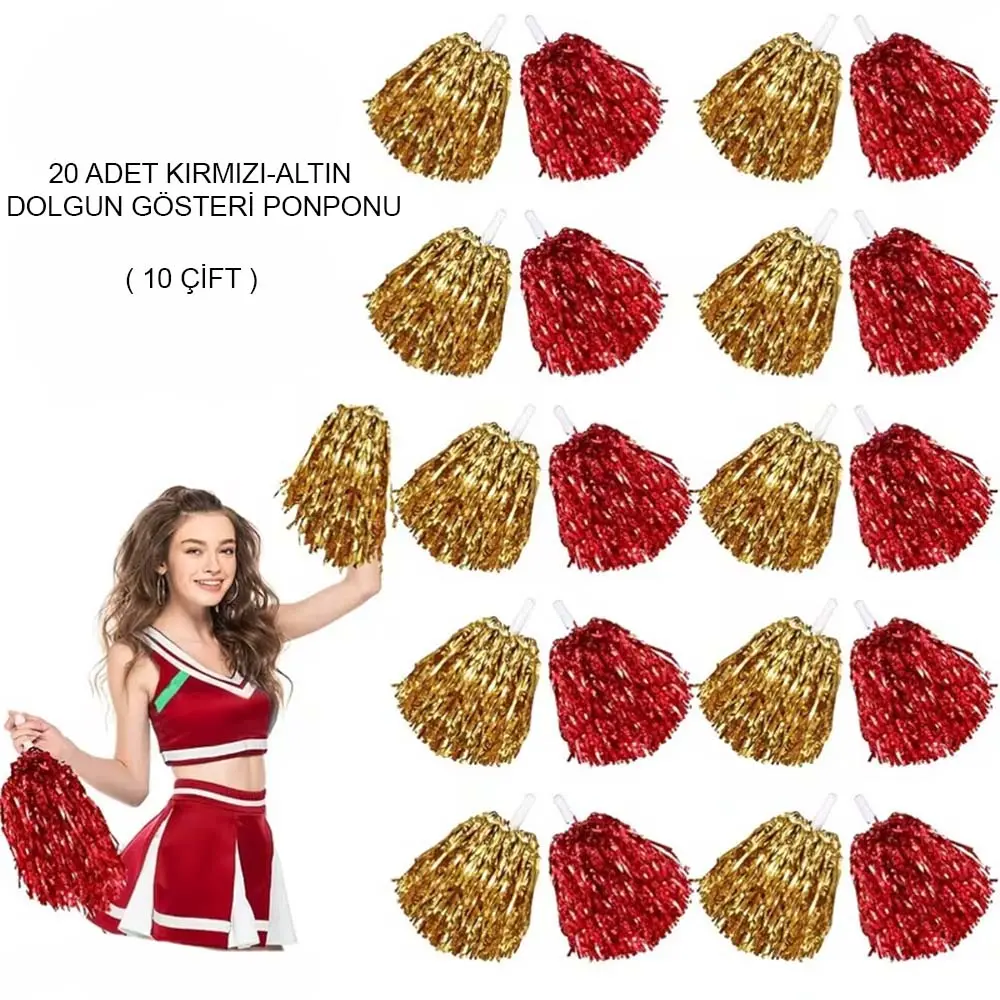 Kırmızı Altın Metalik Dolgun Gösteri Ponponu 20 Adet (10 Çift) (4745)