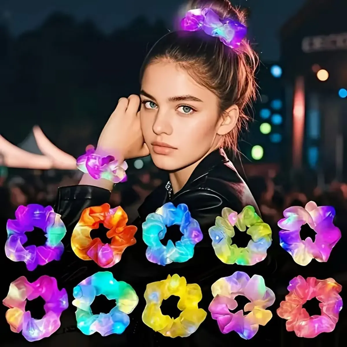 Lila Mor Renk Led Işıklı Lastikli Saç Tokası - 3 Modlu Festival - Parti Saç Tokası (4745)