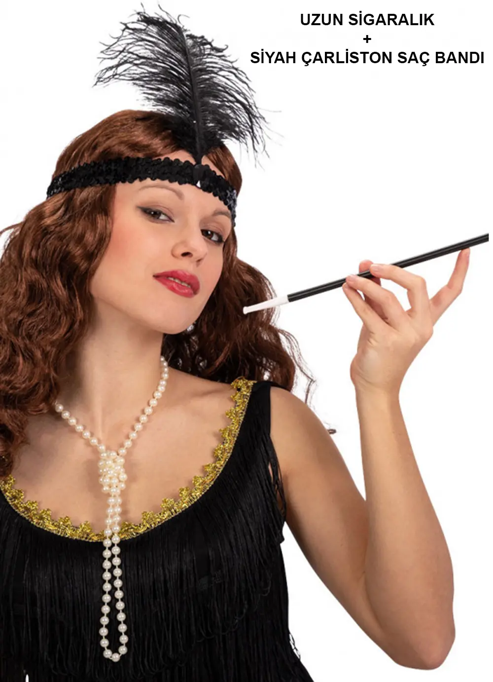 1920&amp;#39;ler Gatsby Aksesuar Seti – Siyah Charleston Saç Bandı &amp;amp; Sigaralık (4745)
