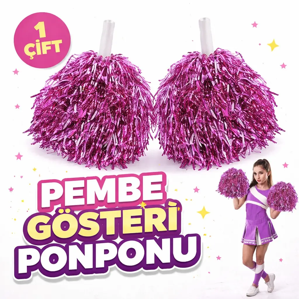 1 Çift ( 2 Adet ) Pembe Renk 23 Nisan 19 Mayıs 29 Ekim Okul Gösteri Ponponları Ekstra Dolgun (4745)