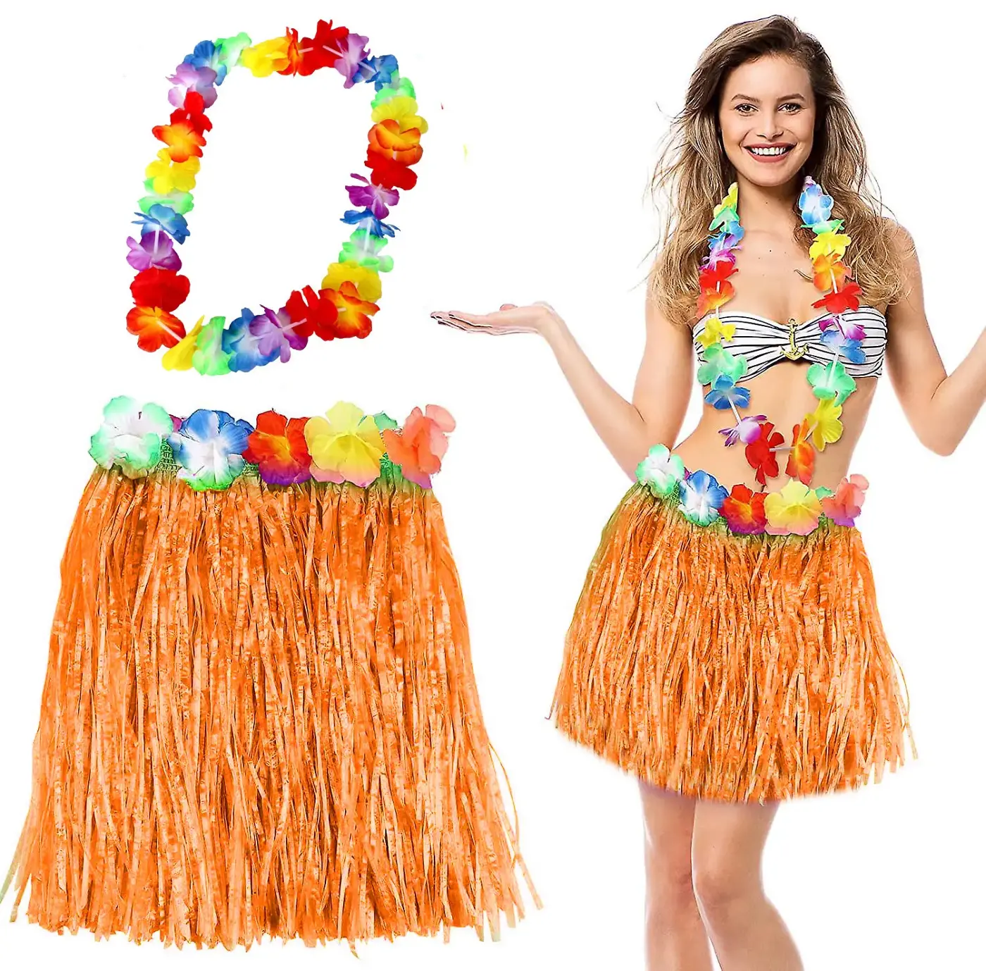 Hawaii Luau Aloha Turuncu Püsküllü 40 cm Etek ve Hawaii Kolye Seti (4745)