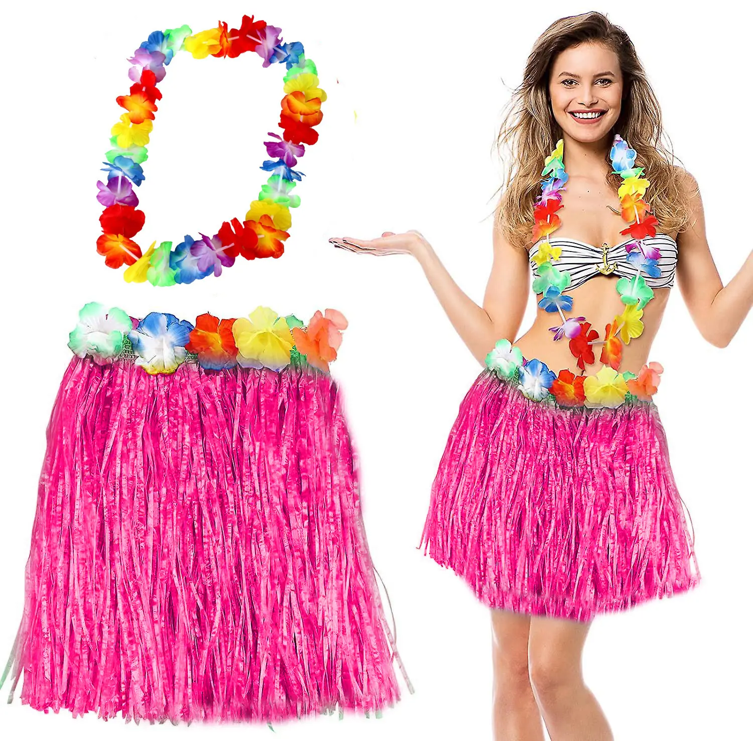 Hawaii Luau Aloha Pembe Püsküllü 40 cm Etek ve Hawaii Kolye Seti (4745)