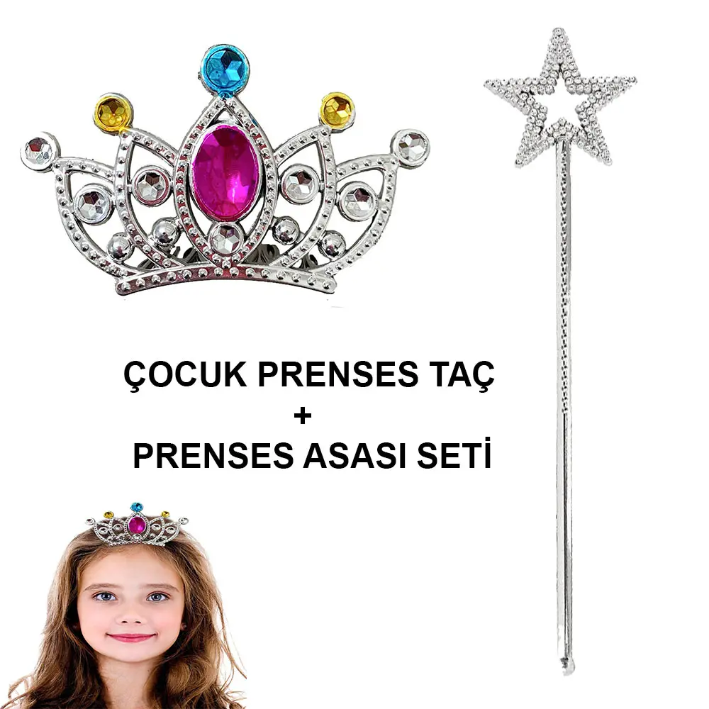 Çocuklar İçin Taraklı Prenses Tacı ve Prenses Yıldız Asa Seti Gümüş (4745)