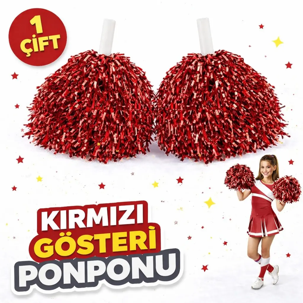 1 Çift ( 2 Adet ) Kırmızı Renk 23 Nisan 19 Mayıs 29 Ekim Okul Gösteri Ponponları Ekstra Dolgun (4745)