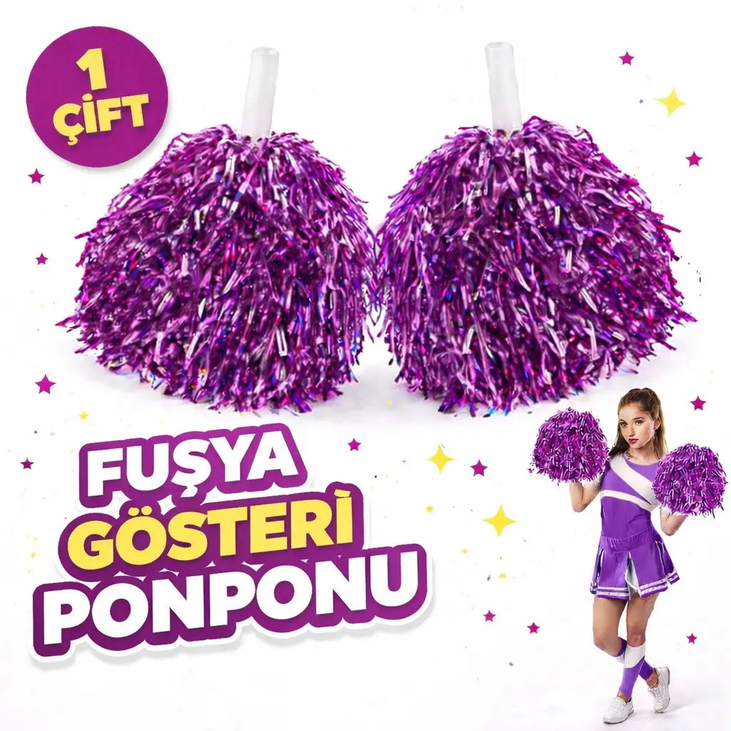 1 Çift ( 2 Adet ) Fuşya Renk 23 Nisan 19 Mayıs 29 Ekim Okul Gösteri Ponponları Ekstra Dolgun (4745)
