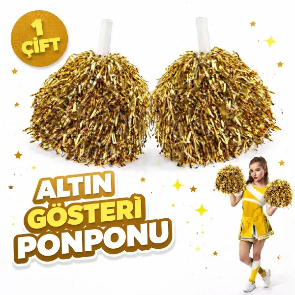 1 Çift ( 2 Adet ) Altın Renk 23 Nisan 19 Mayıs 29 Ekim Okul Gösteri Ponponları Ekstra Dolgun (4745)