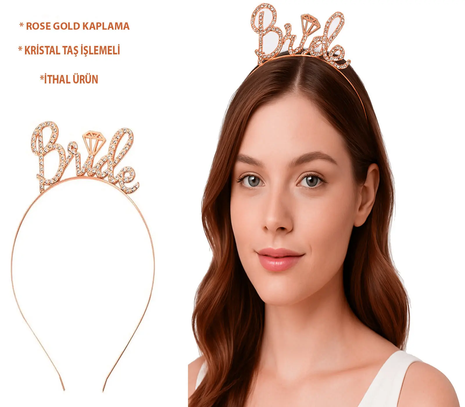 Rose Gold Renkli Taşlı “Bride” Gelin Tacı – El Yazısı Yazı Tipiyle (4745)