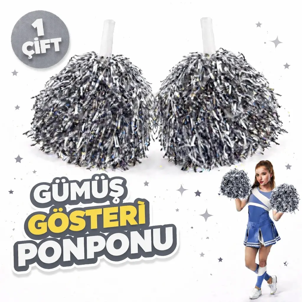 1 Çift ( 2 Adet ) Gümüş Renk 23 Nisan 19 Mayıs 29 Ekim Okul Gösteri Ponponları Ekstra Dolgun (4745)