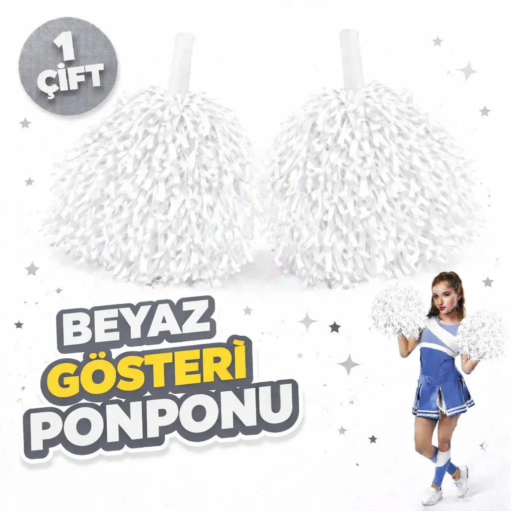 1 Çift ( 2 Adet ) Beyaz Renk 23 Nisan 19 Mayıs 29 Ekim Okul Gösteri Ponponları Ekstra Dolgun (4745)