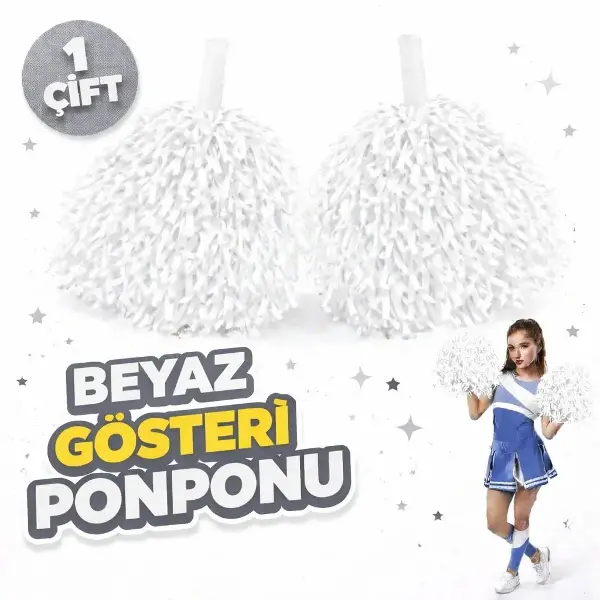 1 Çift ( 2 Adet ) Beyaz Renk 23 Nisan 19 Mayıs 29 Ekim Okul Gösteri Ponponları Ekstra Dolgun (4745)