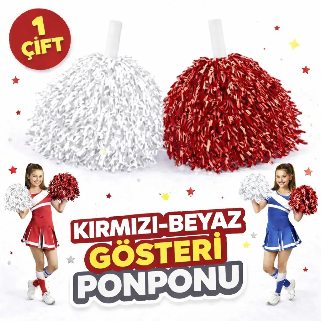 1 Çift ( 2 Adet ) Kırmızı-Beyaz Renk 23 Nisan 19 Mayıs 29 Ekim Okul Gösteri Ponponları Ekstra Dolgun (4745)