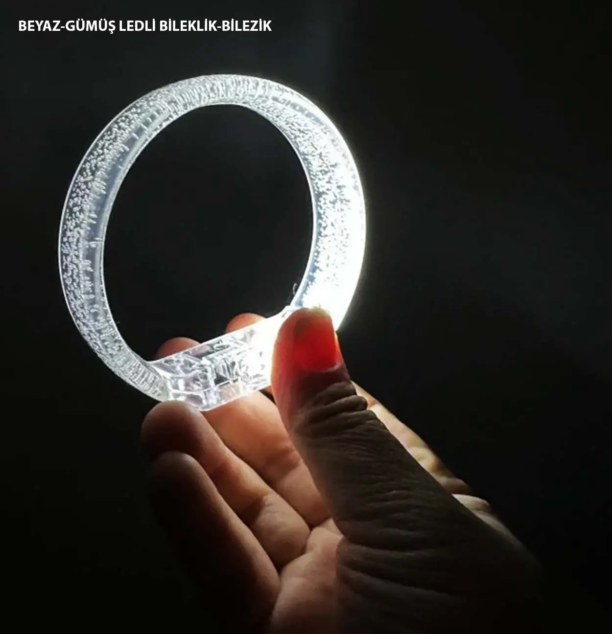 Beyaz-Gümüş Led Işıklı Baskı Yapılabilen Pilli Bileklik Bilezik 1,5 cm Genişlik (4745)