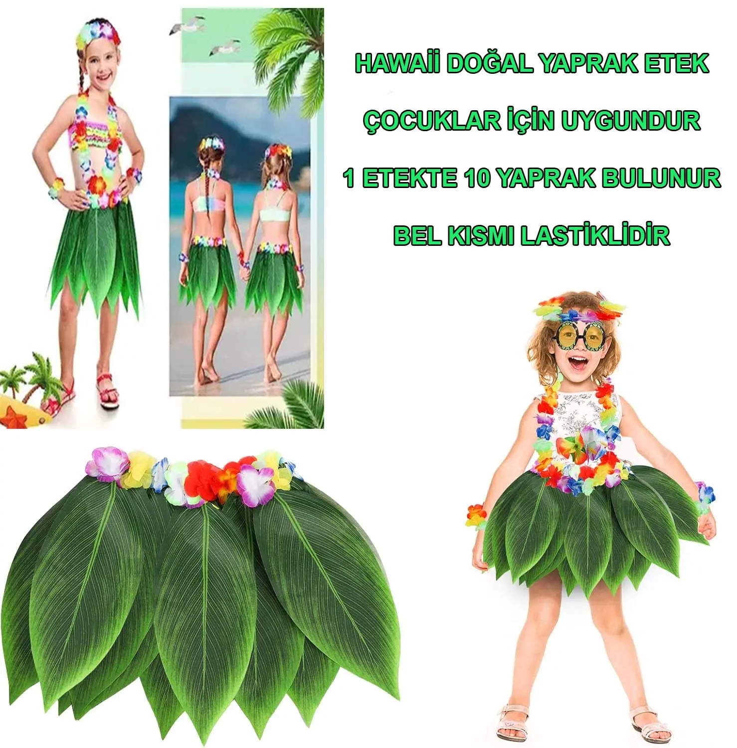 Tropikal Esintili Hawaii Yapraklı Parti Eteği Çocuk Boy (4745)