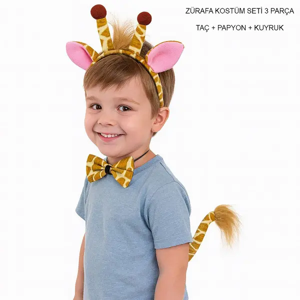 Zürafa Kosümü Aksesuar Seti 3 lü - Taç Papyon Kuyruk (4745)