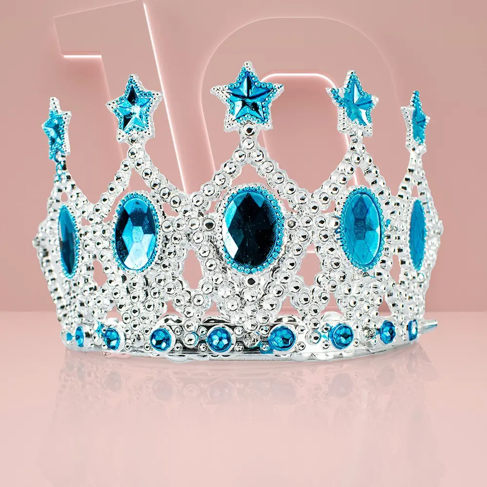 Çocuk Kraliçe Tacı - Mavi Yıldız İşlemeli Prenses Tacı 15x7 cm (4745)