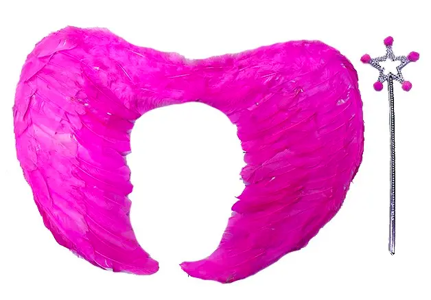 Gerçek Tüylü Katlanabilir Çocuk Pembe Melek Kanadı ve Asa Seti 40x55 cm (4745)