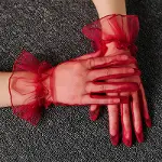 Kısa Boy Likralı Güpürlü Yetişkin Tül Eldiven Kırmızı Renk (4745)-4