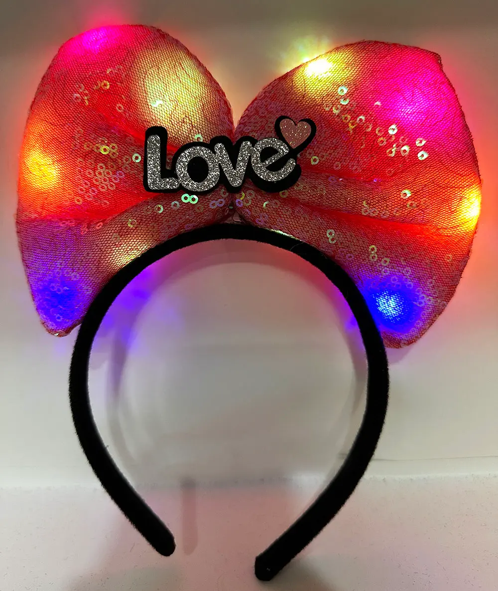 Led Işıklı 3 Farklı Fonksiyonda Yanan Gümüş Love Yazılı Fuşya Pembe Fiyonk Taç 20X17 cm (4745)