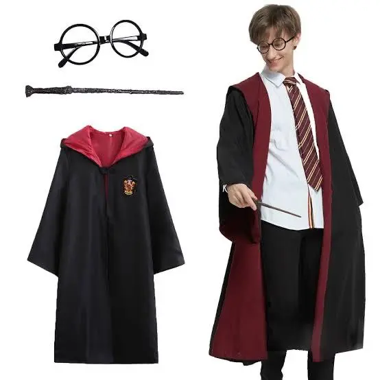 Harry Potter Gryffindor Kapişonlu Çocuk Kostüm + Asa + Gözlük Seti 7-8 Yaş (4745)