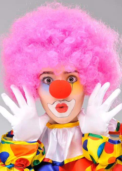 Pembe Renk Kıvırcık Afro Bonus Peruk Takma Saç ve Kırmızı Burun Seti (4745)