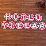 11 Harfli Kırmızı Beyaz İpli MUTLU YILLAR Yazılı Ahşap Yılbaşı Ağaç Süsü (4745)-1
