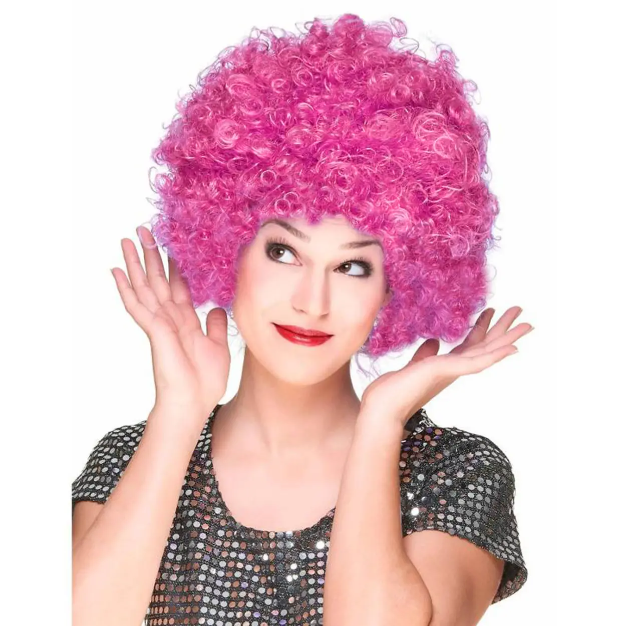 Fuşya Renk Kıvırcık Afro Bonus Peruk Saç Parti Peruğu (4745)
