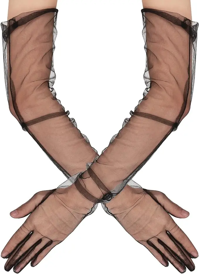 Uzun Boy Likralı Siyah Renk Yetişkin Mega Tül Eldiven 53 cm (4745)