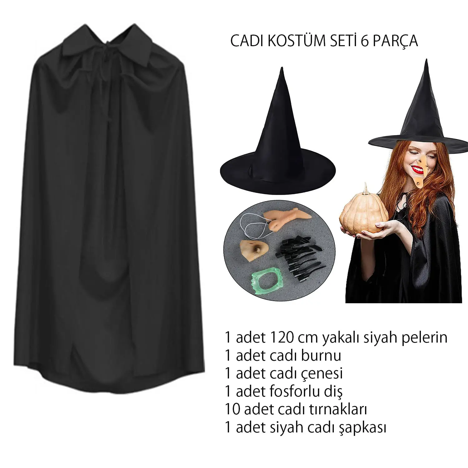 Cadı Kostüm Seti 6 Parça - Şapka Pelerin Diş Tırnaklar Çene ve Burun (4745)