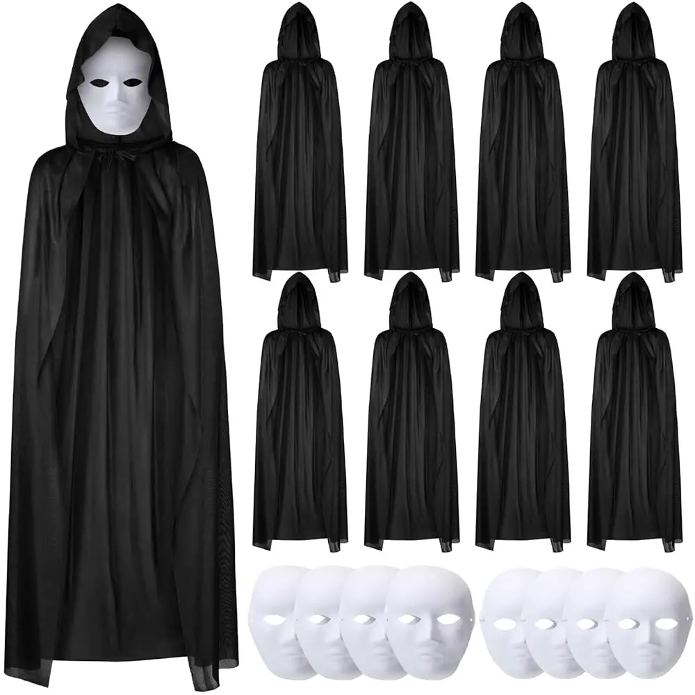 120 cm Siyah Kapüşonlu Pelerin ve Boyanabilir Karton Maske 8’li Set (4745)