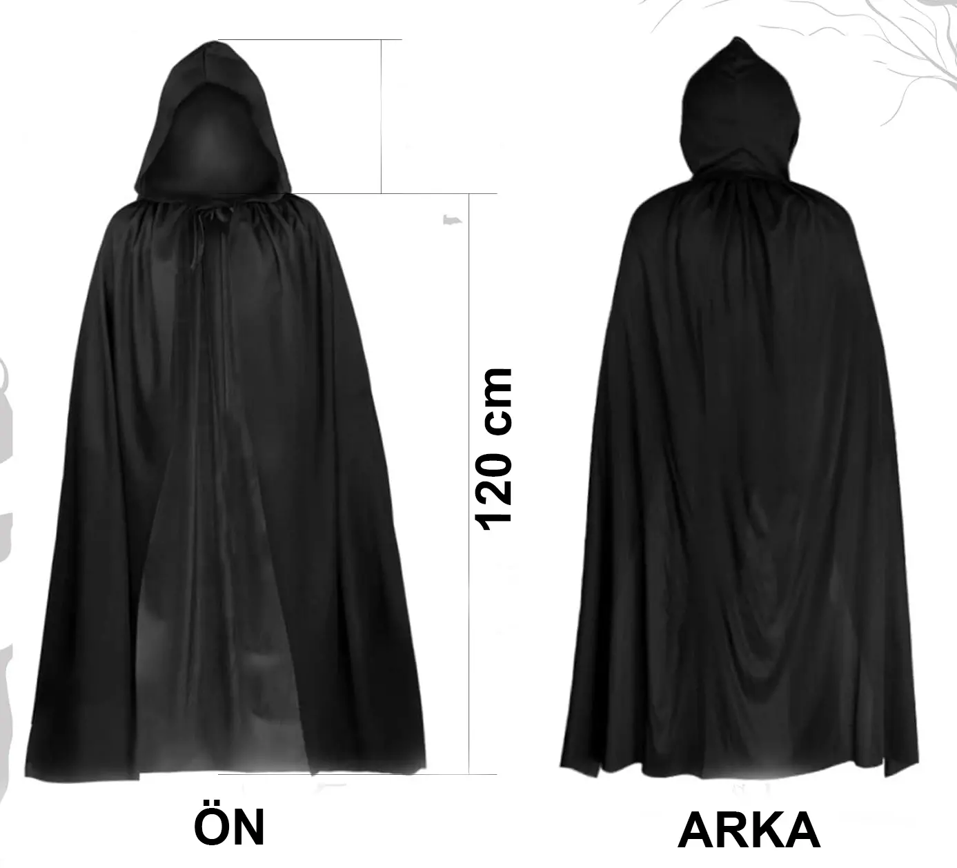Siyah Uzun Pelerin 120 cm Kapüşonlu – Cosplay ve Parti Kostümü (4745)