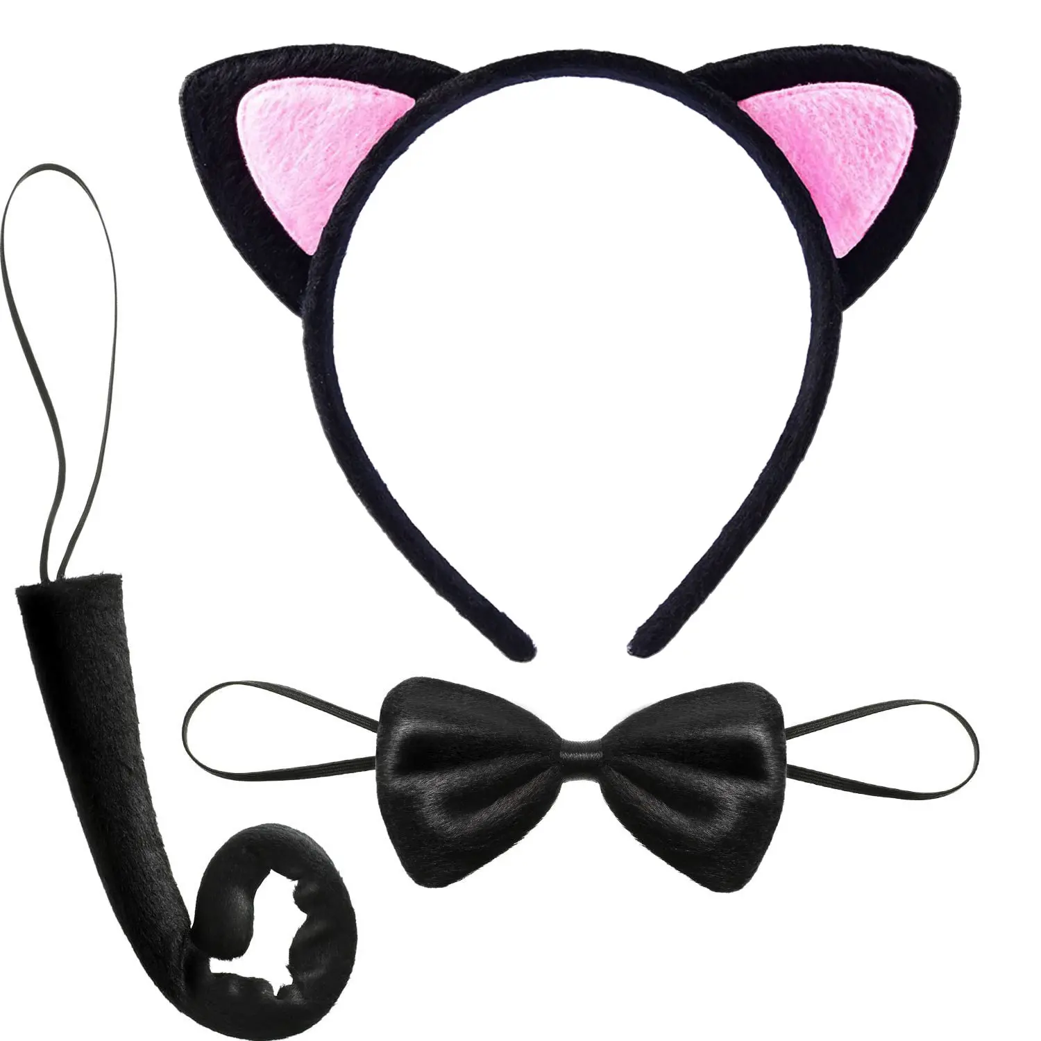 Kedi Kulak Taç Kuyruk ve Papyon 3 lü Set Çocuk Boy Pembe Renk (4745)