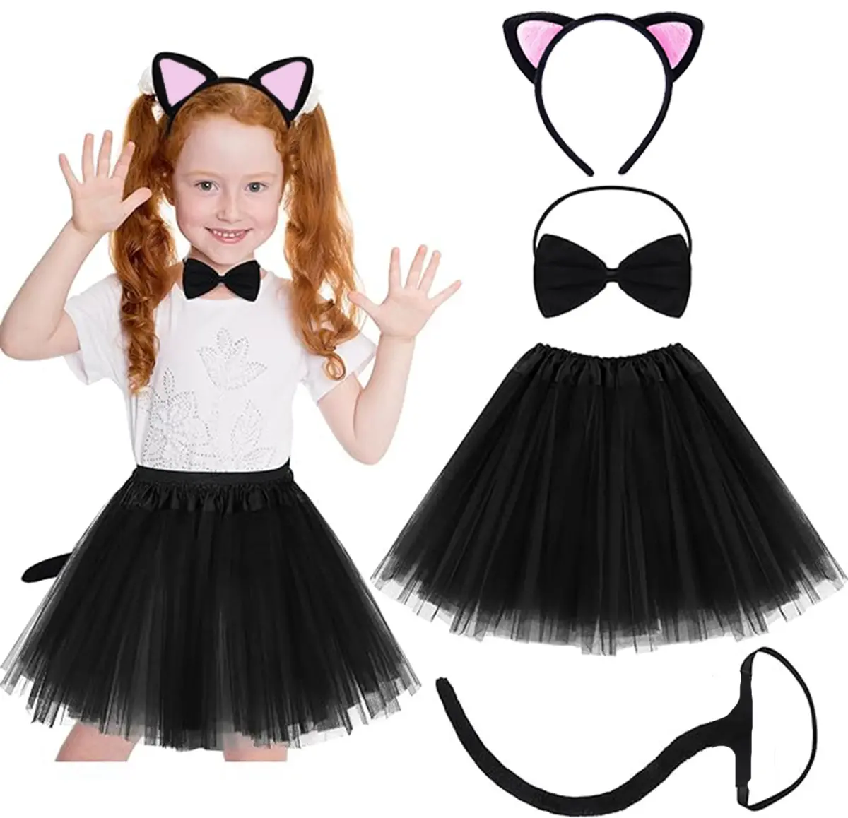 Kedi Kulak Taç Etek Kuyruk ve Papyon 4 lü Set Çocuk Pembe (4745)