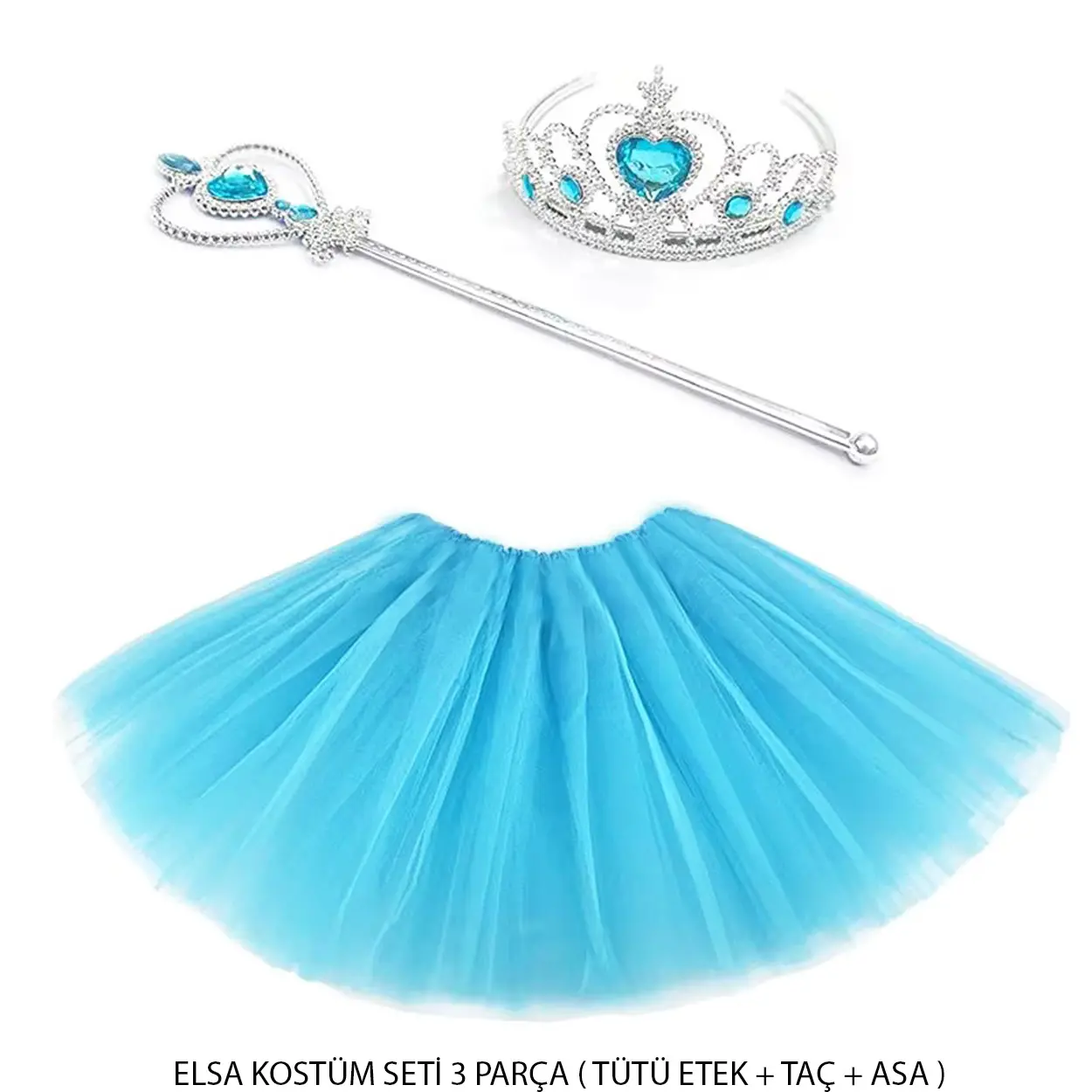 Mavi Prenses Elsa Kostüm Seti 3 Parça (Tütü Etek + Taç + Asa ) (4745)