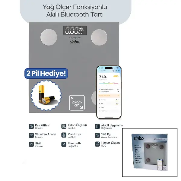 GRİ YAĞ ÖLÇER AKILLI BLUETOOTH CAM BASKÜL PİLLİ 180KG/50GR 26X26CM 8-KİŞİ HAFIZA LCD EKRAN ℃ GÖSTERGE SBS-4473 (4745)