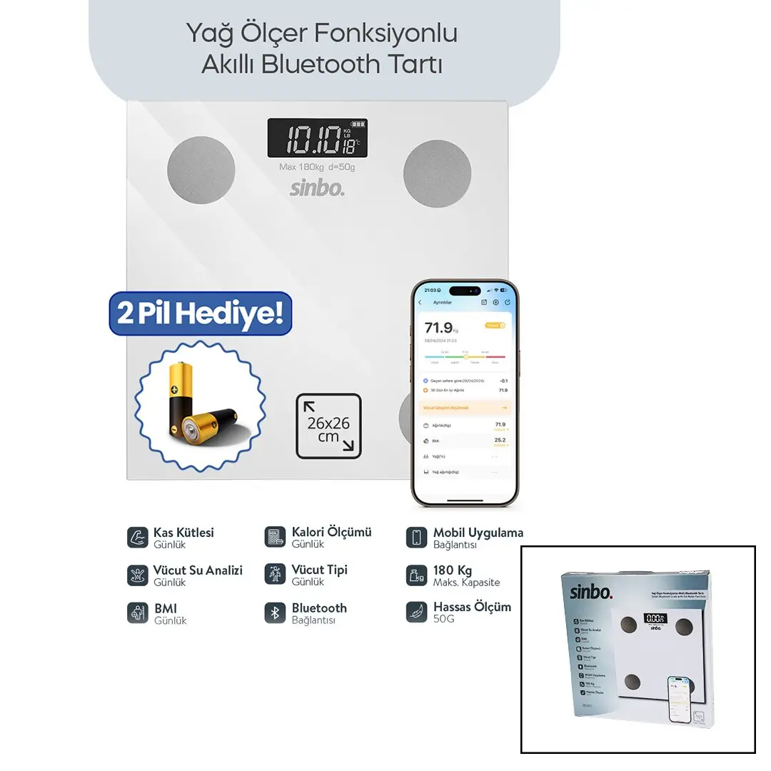 BEYAZ YAĞ ÖLÇER AKILLI BLUETOOTH CAM BASKÜL PİLLİ 180KG/50GR 26X26CM 8-KİŞİ HAFIZA LCD EKRAN ℃ GÖSTERGE SBS-4472 (4745)