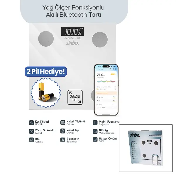 BEYAZ YAĞ ÖLÇER AKILLI BLUETOOTH CAM BASKÜL PİLLİ 180KG/50GR 26X26CM 8-KİŞİ HAFIZA LCD EKRAN ℃ GÖSTERGE SBS-4472 (4745)