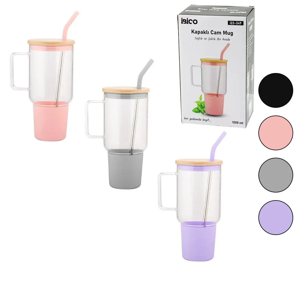 CAM 1000ML MATARA - SULUK BAMBU KAPAK - SIZDIRMAZ SİLİKONLU ÇELİK PİPET KORUYUCU SİLİKON ALTLIK - KILIF (4745)