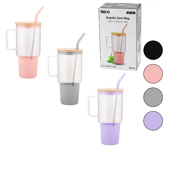 CAM 1000ML MATARA - SULUK BAMBU KAPAK - SIZDIRMAZ SİLİKONLU ÇELİK PİPET KORUYUCU SİLİKON ALTLIK - KILIF (4745)