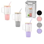 CAM 1000ML MATARA - SULUK BAMBU KAPAK - SIZDIRMAZ SİLİKONLU ÇELİK PİPET KORUYUCU SİLİKON ALTLIK - KILIF (4745)-1