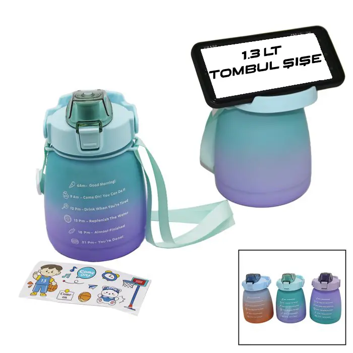 1.3LT - TOMBUL PİPETLİ RENKLİ PLASTİK SULUK MATARA KİLİTLİ KAPAKLI - TELEFONLUKLU (4745)