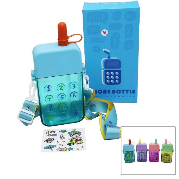 TELEFON MODELİ RENKLİ MİKA KRİSTAL SULUK MATARA PİPETLİ - VİDALI KAPAK - ASKILI 300ML (4745)