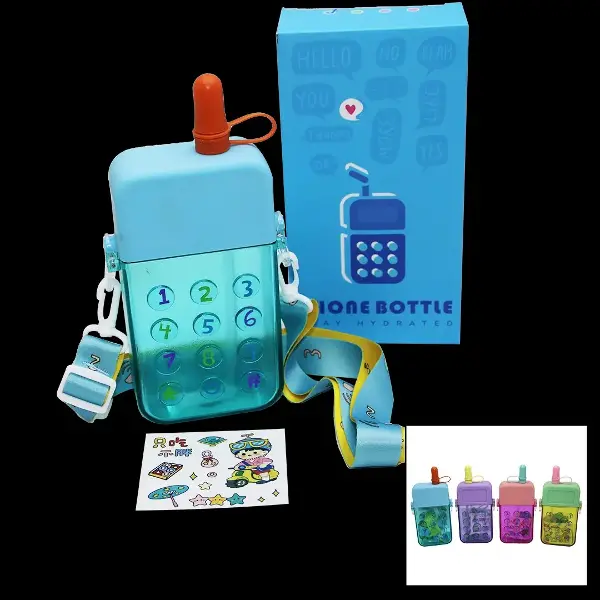 TELEFON MODELİ RENKLİ MİKA KRİSTAL SULUK MATARA PİPETLİ - VİDALI KAPAK - ASKILI 300ML (4745)