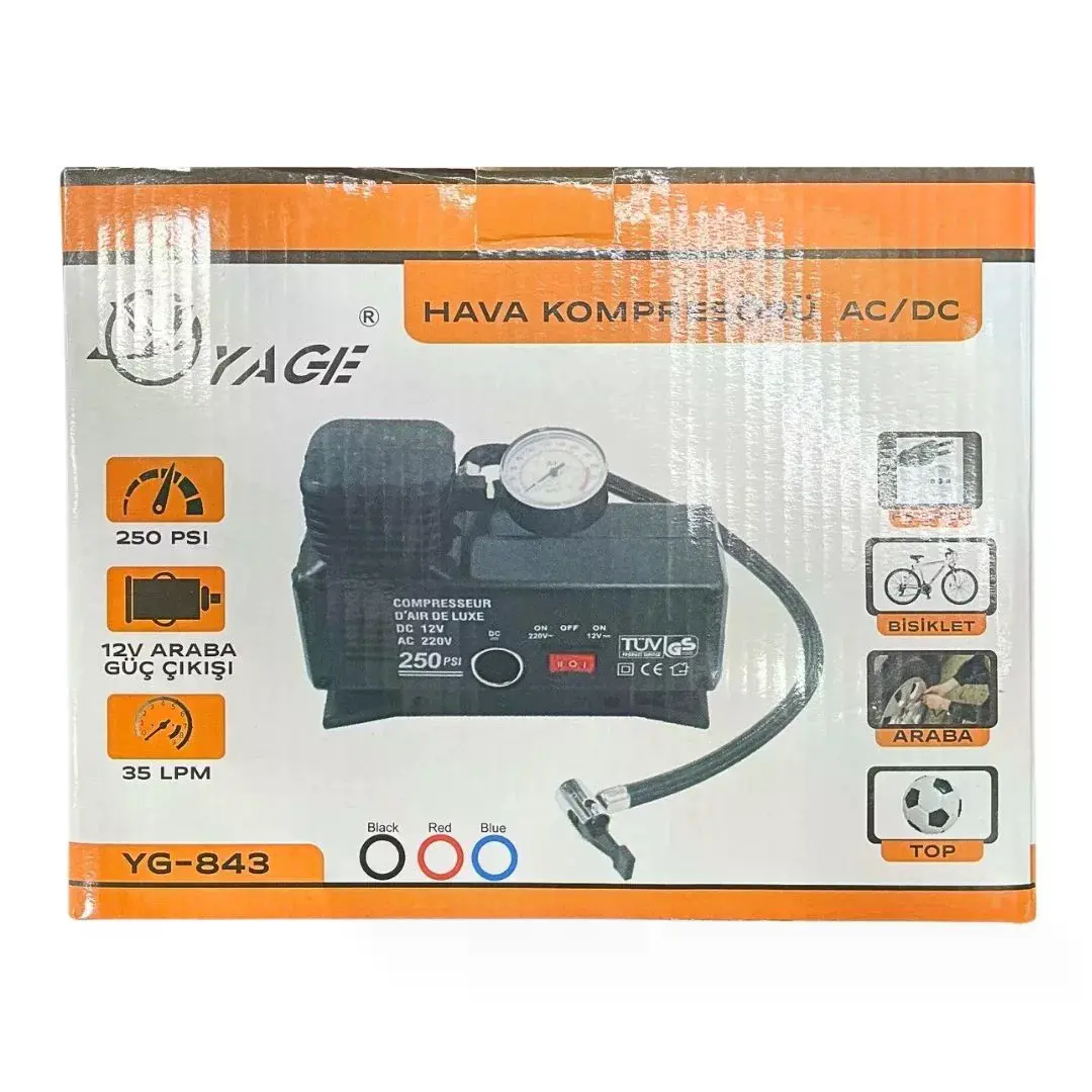 220 Volt-12 Volt 250 Psi Kompresör Lastik Hava Şişirme Oto Pompası Fişli Ve Çakmaklı Yage-843 (4745)