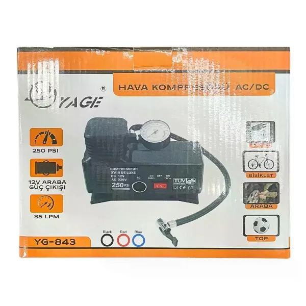 220 Volt-12 Volt 250 Psi Kompresör Lastik Hava Şişirme Oto Pompası Fişli Ve Çakmaklı Yage-843 (4745)