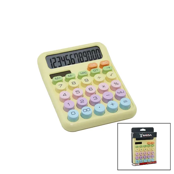 PİLLİ - GÜNEŞ ENERJİLİ DAKTİLO TUŞ MODEL=RENKLİ 12 HANELİ HESAP MAKİNESİ 16X12X2CM 162GR (4745)