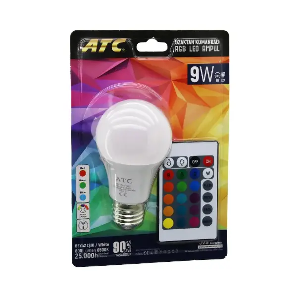 ATC-RGB-9W  KUMANDALI   9W=60W  RGB=16-RENKLİ LED AMPUL E27 800 LÜMEN 6500K 25.000 SAAT ÖMÜR (4745)