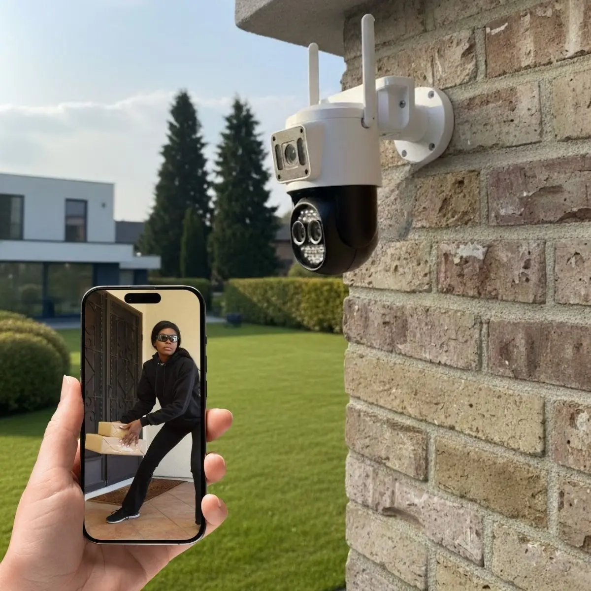 3 Kameralı Kablolu Akıllı Güvenlik Kamerası – 360° PTZ Hareketli, Çift Antenli, WiFi IP, Gece Görüşlü Dış Mekan Kamera (4745)