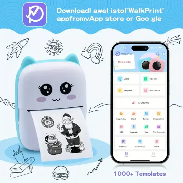 Taşınabilir Yazıcı, Mini Cep Kablosuz Termal Yazıcı Android iOS Akıllı Telefonlar için Uygun, BT Mürekkepsiz Baskı, Etiketler, Fişler, Fotoğraflar, Notlar, Öğrenme (4745)