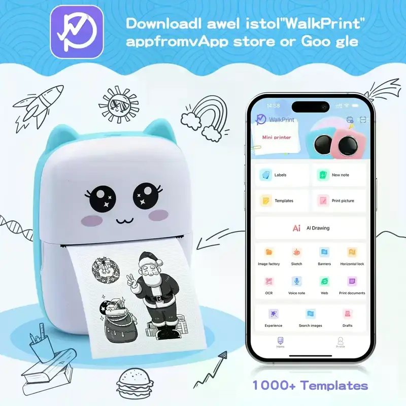Taşınabilir Yazıcı, Mini Cep Kablosuz Termal Yazıcı Android iOS Akıllı Telefonlar için Uygun, BT Mürekkepsiz Baskı, Etiketler, Fişler, Fotoğraflar, Notlar, Öğrenme (4745)
