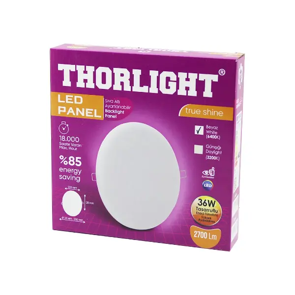 THORLIGHT S-236 36W 22CM BEYAZ LED PANEL SIVA ALTI AYARLI MANDALLI 6400K - 2700LM - 18000 SAAT - 2835 SMD (4745)